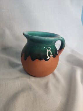Mexican Pottery Small Clay Mug Cup With Green Drip Glaze Planter